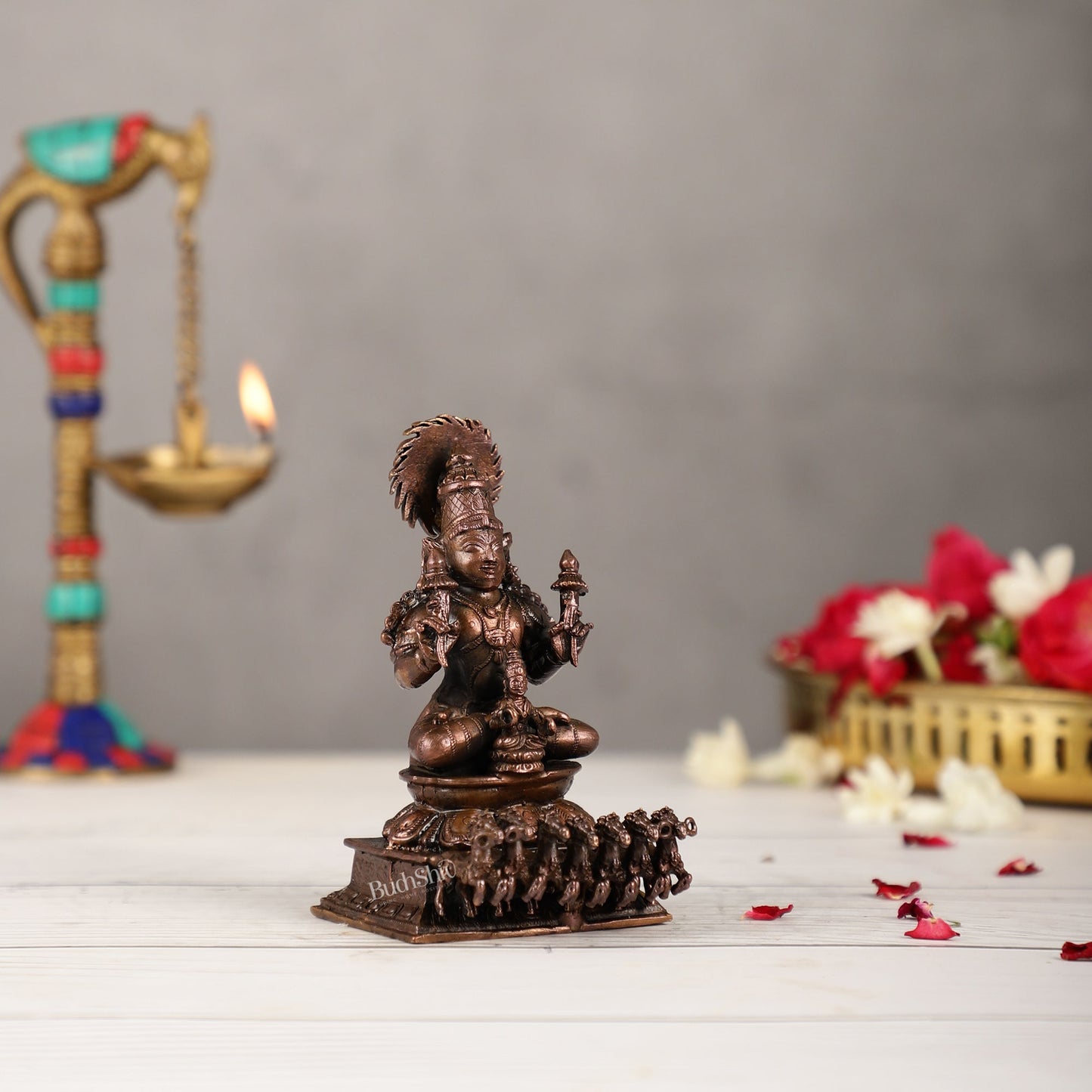 Exquisite Pure Copper Surya Dev Rath Idol - Handcrafted 4.5 Inch Statue - Budhshiv.com