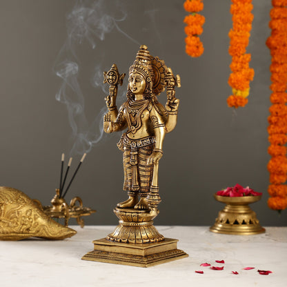 Exquisite Pure Superfine Brass Handcrafted Vishnu Murti | 12.5" Height | Divine Balance - Budhshiv.com
