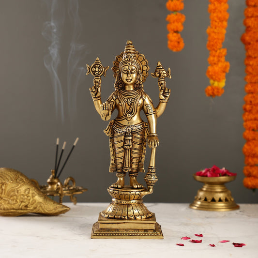 Exquisite Pure Superfine Brass Handcrafted Vishnu Murti | 12.5" Height | Divine Balance - Budhshiv.com