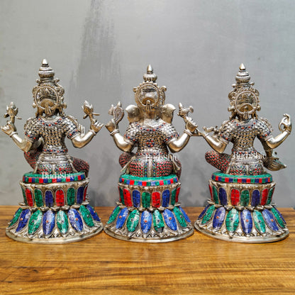 Exquisite silver plated 15-Inch Brass Ganesha, Lakshmi & Saraswati Idols | Divine Trio - Budhshiv.com