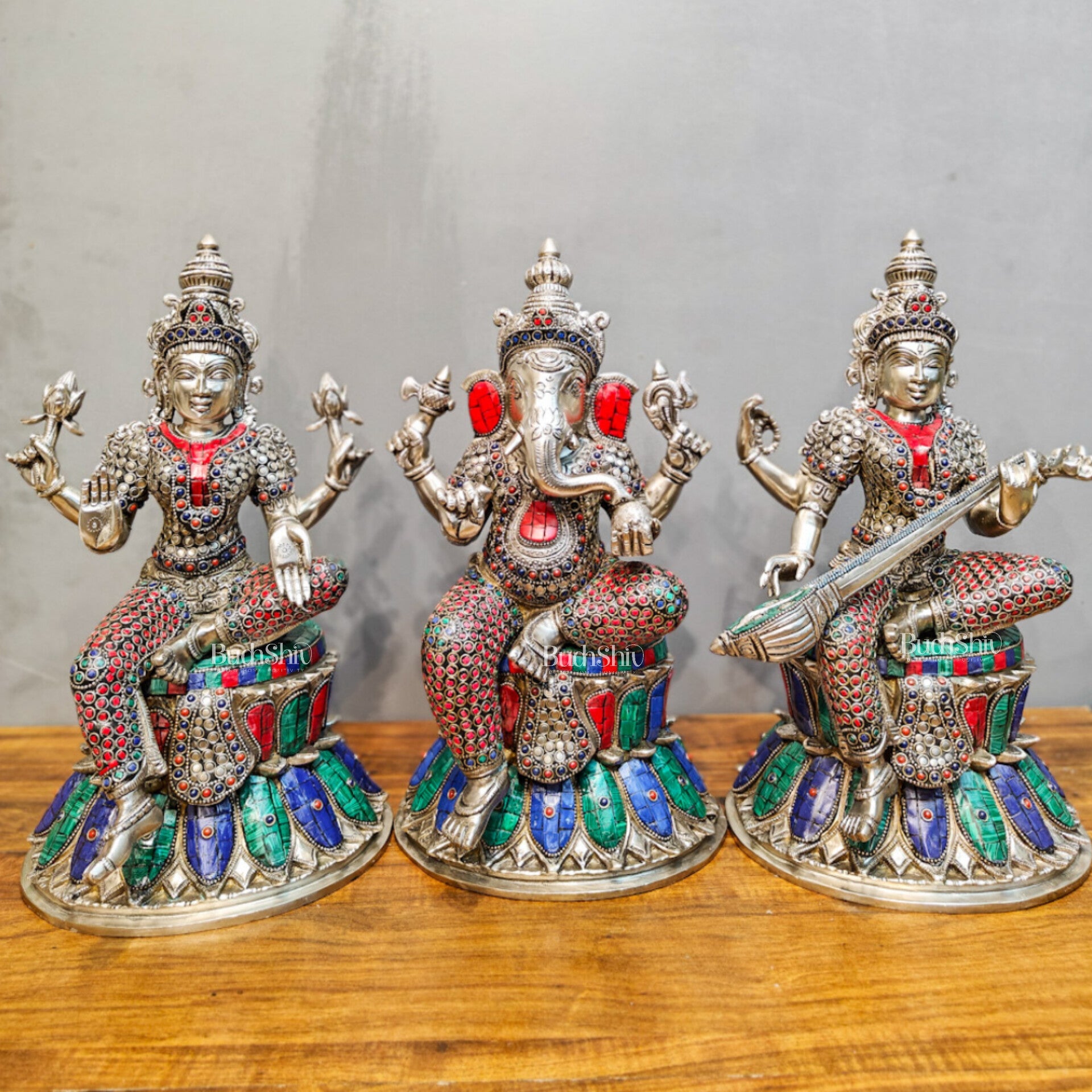 Exquisite silver plated 15-Inch Brass Ganesha, Lakshmi & Saraswati Idols | Divine Trio - Budhshiv.com