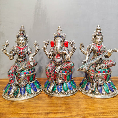 Exquisite silver plated 15-Inch Brass Ganesha, Lakshmi & Saraswati Idols | Divine Trio - Budhshiv.com