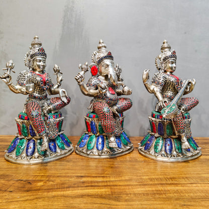 Exquisite silver plated 15-Inch Brass Ganesha, Lakshmi & Saraswati Idols | Divine Trio - Budhshiv.com