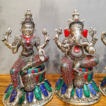 Exquisite silver plated 15-Inch Brass Ganesha, Lakshmi & Saraswati Idols | Divine Trio - Budhshiv.com