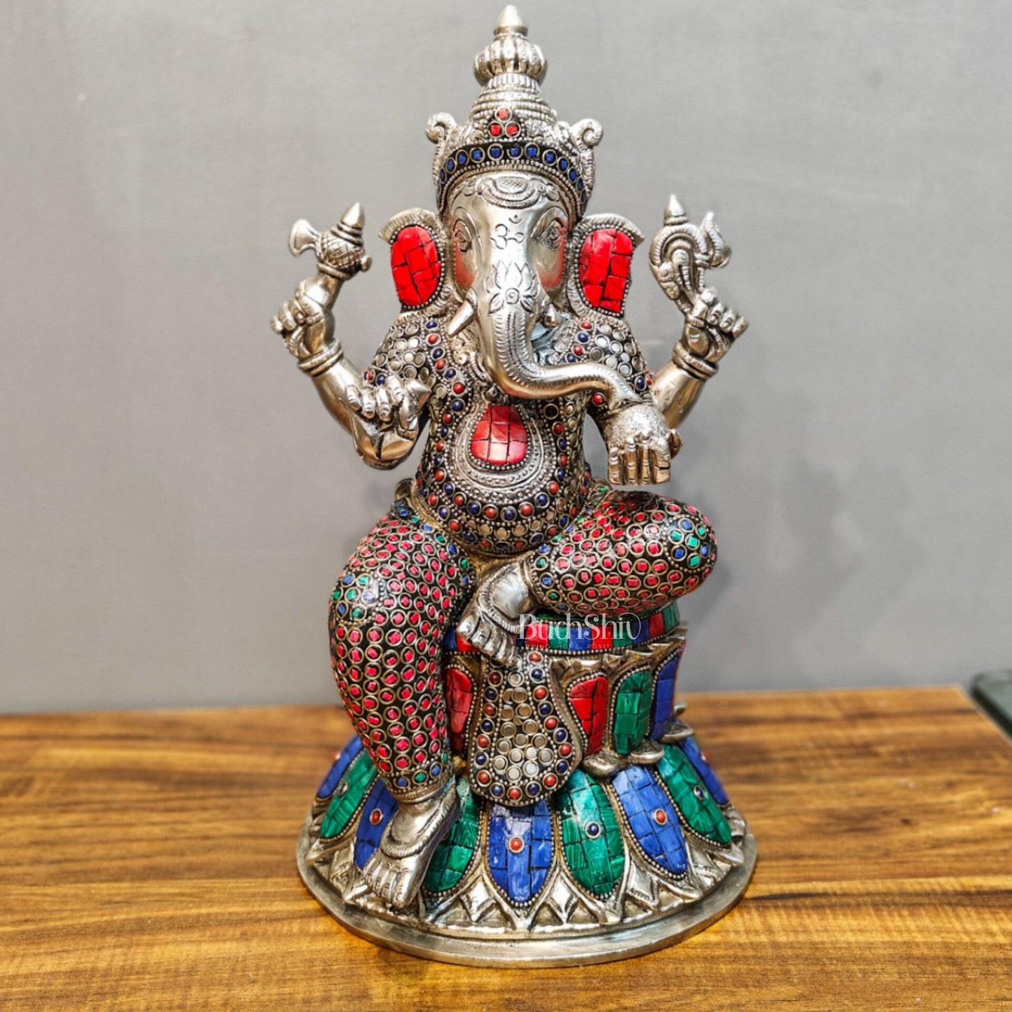 Exquisite silver plated 15-Inch Brass Ganesha, Lakshmi & Saraswati Idols | Divine Trio - Budhshiv.com