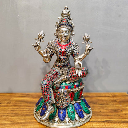 Exquisite silver plated 15-Inch Brass Ganesha, Lakshmi & Saraswati Idols | Divine Trio - Budhshiv.com