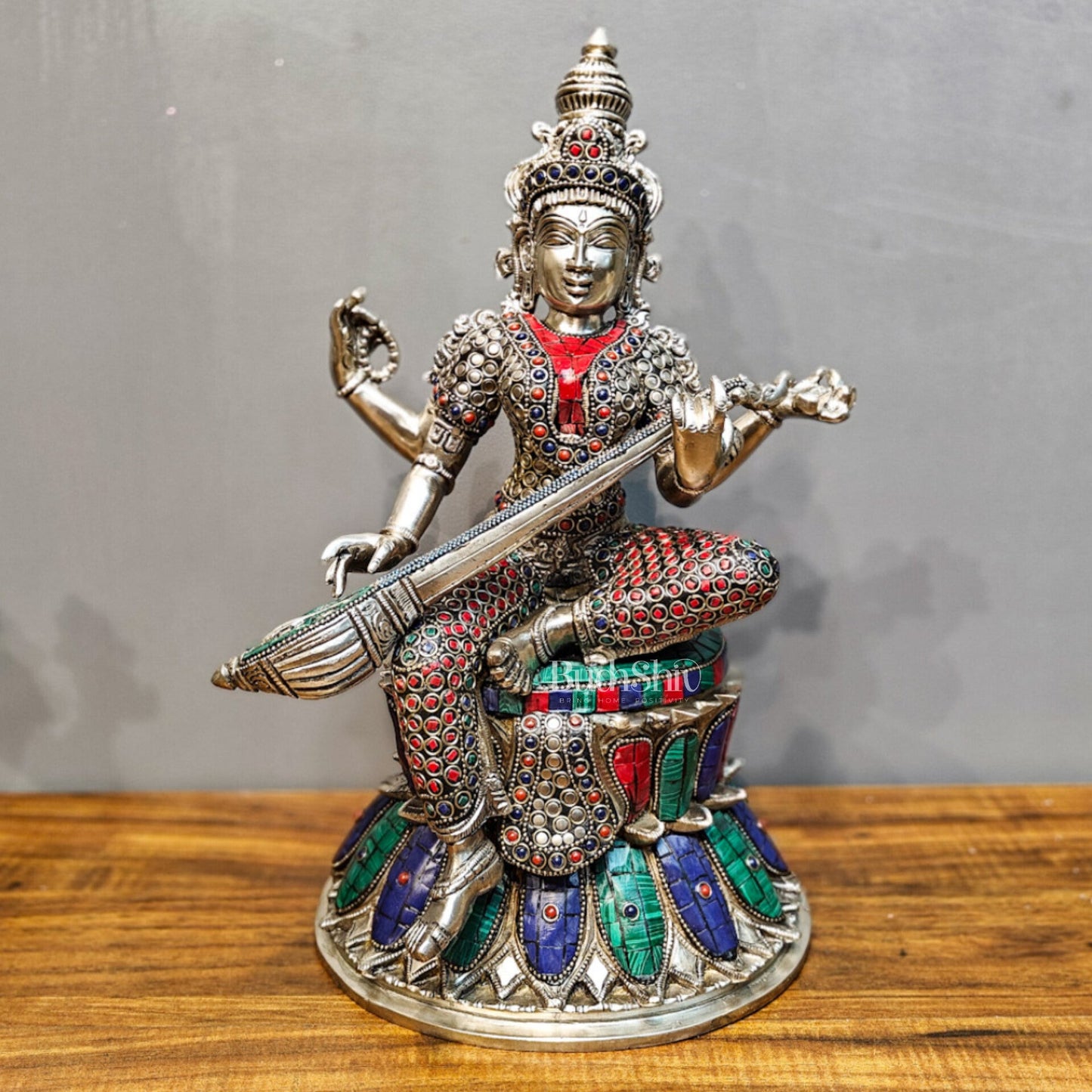 Exquisite silver plated 15-Inch Brass Ganesha, Lakshmi & Saraswati Idols | Divine Trio - Budhshiv.com