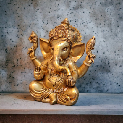 Exquisite Taj Ganesha Statue - Handcrafted Brass 9" Height - Budhshiv.com