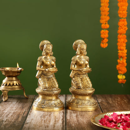 Fine Brass Deep Lakshmi Idol Pair | Intricate Kneeling Design with Lamp 9 inch - Budhshiv.com