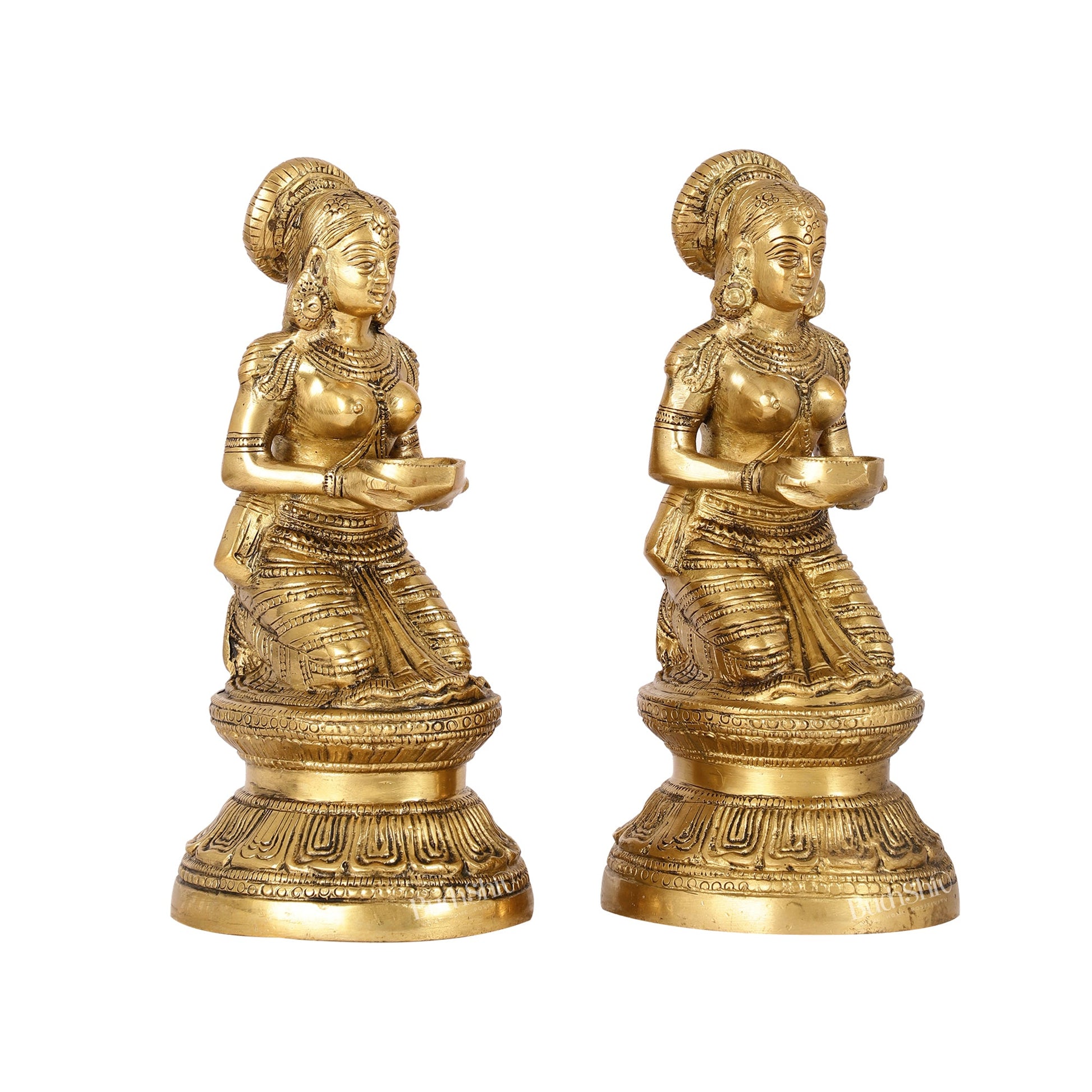 Fine Brass Deep Lakshmi Idol Pair | Intricate Kneeling Design with Lamp 9 inch - Budhshiv.com