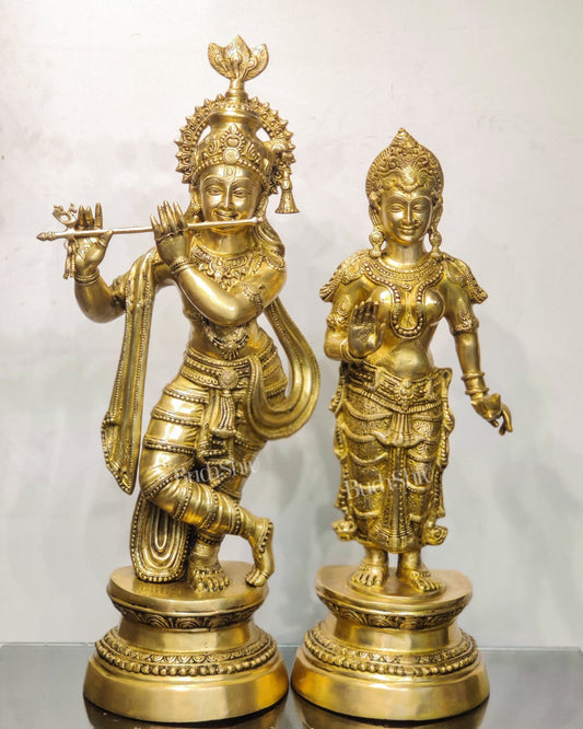 Fine Brass Lord Krishna and Goddess Radha Statue Pair - 36 inches - Budhshiv.com