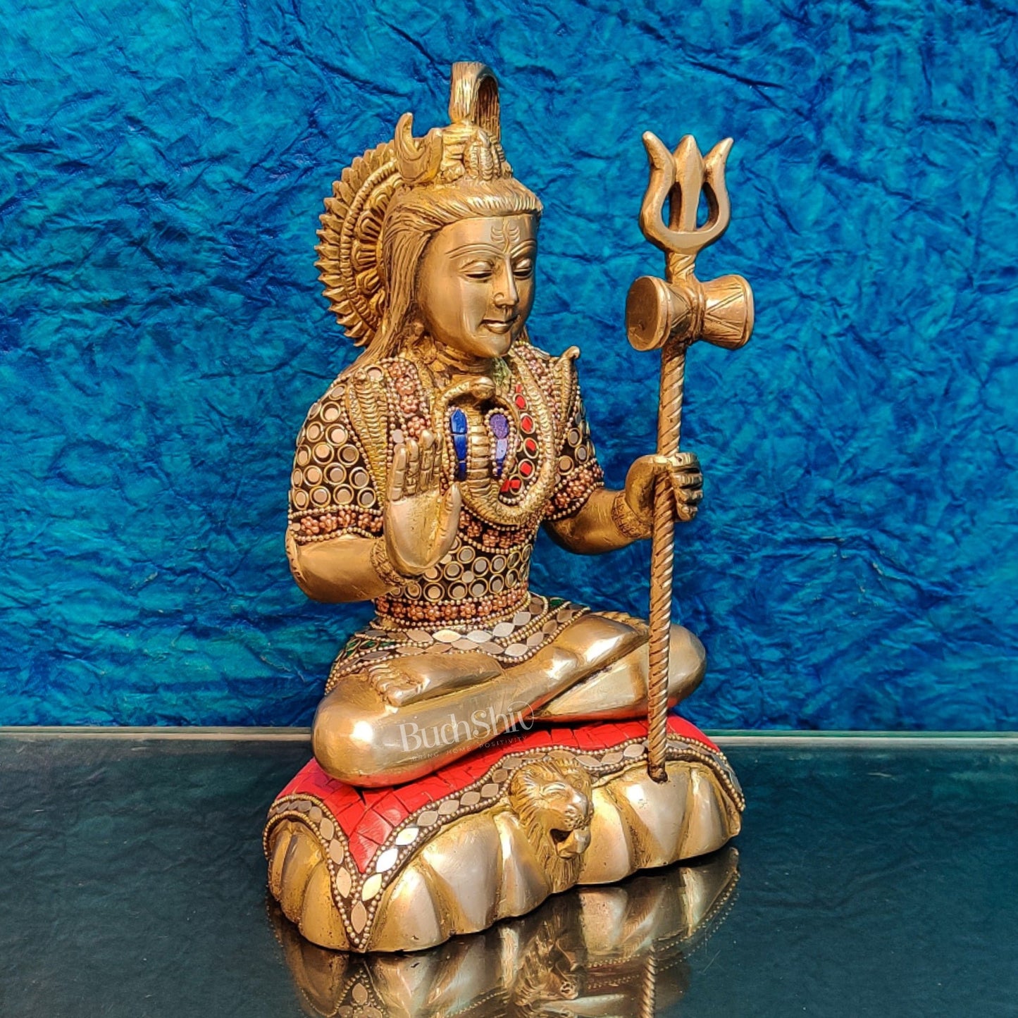 Fine Quality Brass Blessing Lord Shiva Idol | Handcrafted with Natural Stones 10 " - Budhshiv.com