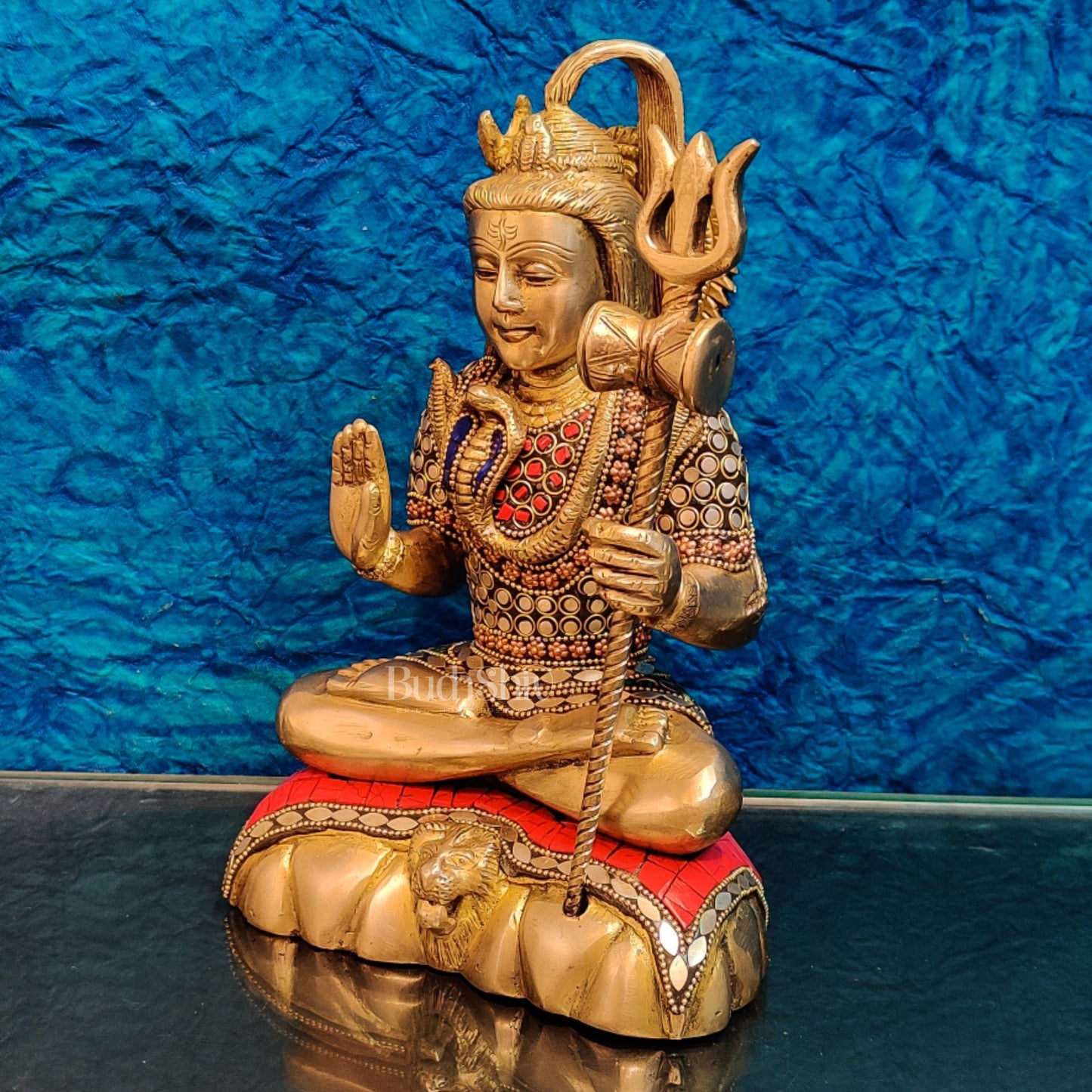 Fine Quality Brass Blessing Lord Shiva Idol | Handcrafted with Natural Stones 10 " - Budhshiv.com