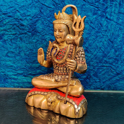 Fine Quality Brass Blessing Lord Shiva Idol | Handcrafted with Natural Stones 10 " - Budhshiv.com