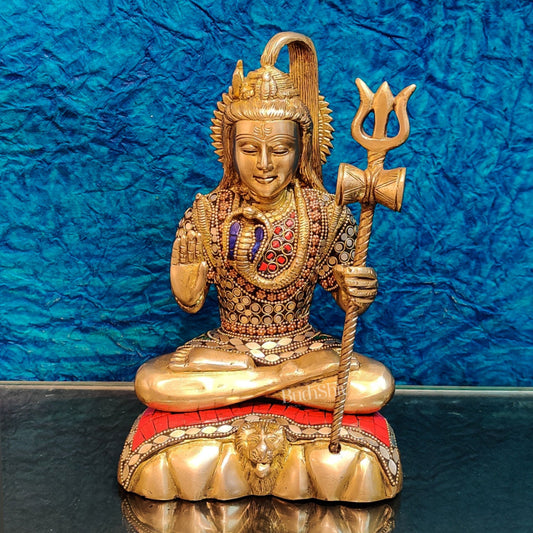 Fine Quality Brass Blessing Lord Shiva Idol | Handcrafted with Natural Stones 10 " - Budhshiv.com