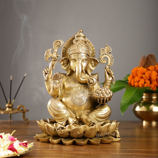 Fine Quality Brass Handcrafted Ganapati Seated on Lotus | 12" Height - Budhshiv.com