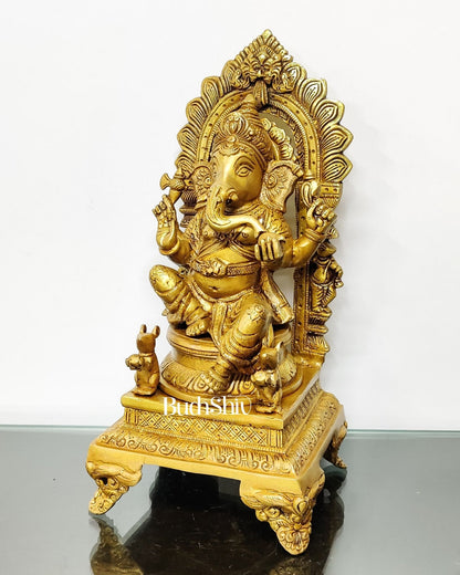 Finely Carved Ganapati on Big Throne with Mooshaks - 17" Height - Budhshiv.com