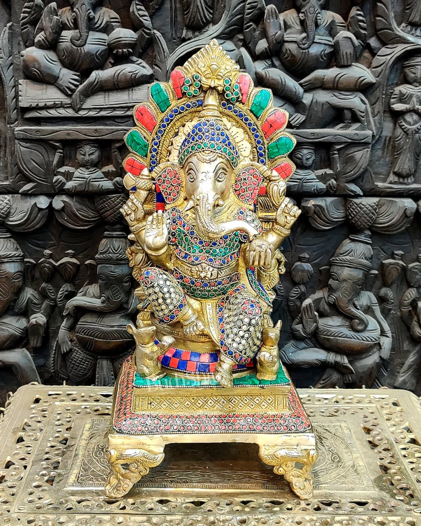 Finely Carved Ganapati on Big Throne with Mooshaks - 17" Height - Budhshiv.com