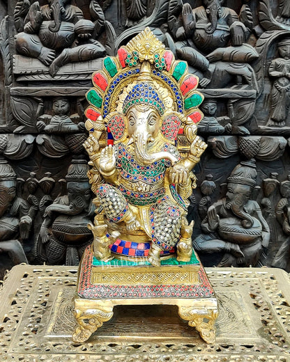 Finely Carved Ganapati on Big Throne with Mooshaks - 17" Height - Budhshiv.com