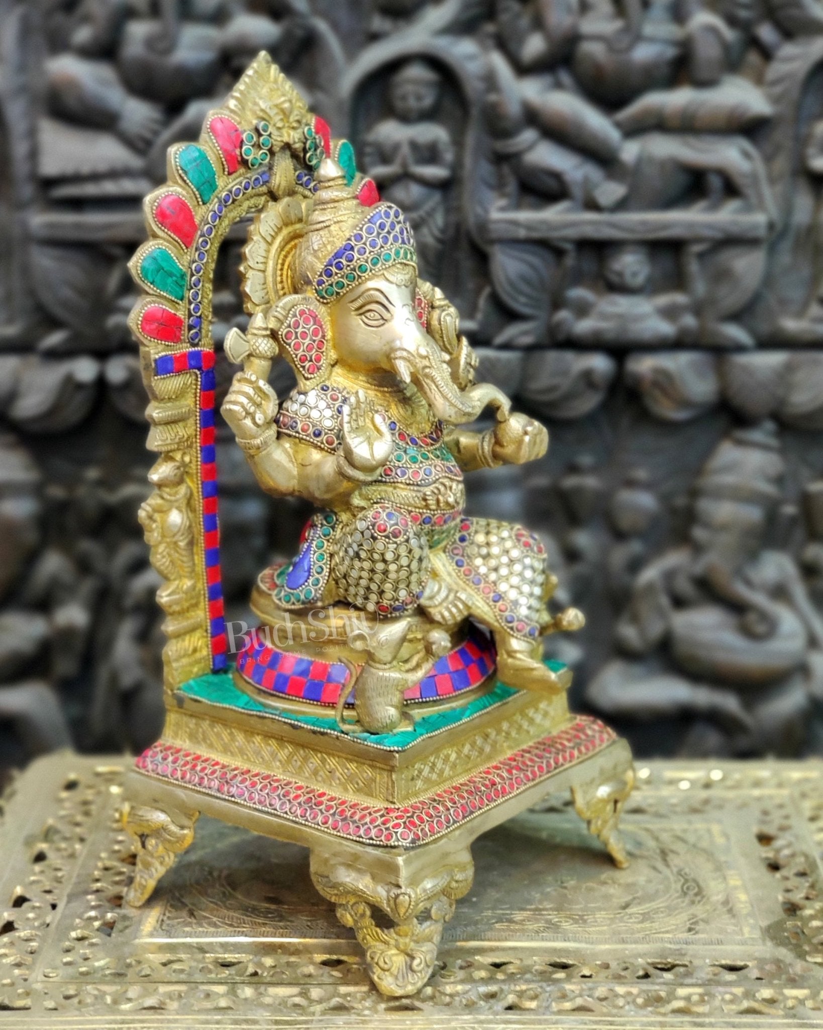 Finely Carved Ganapati on Big Throne with Mooshaks - 17" Height - Budhshiv.com