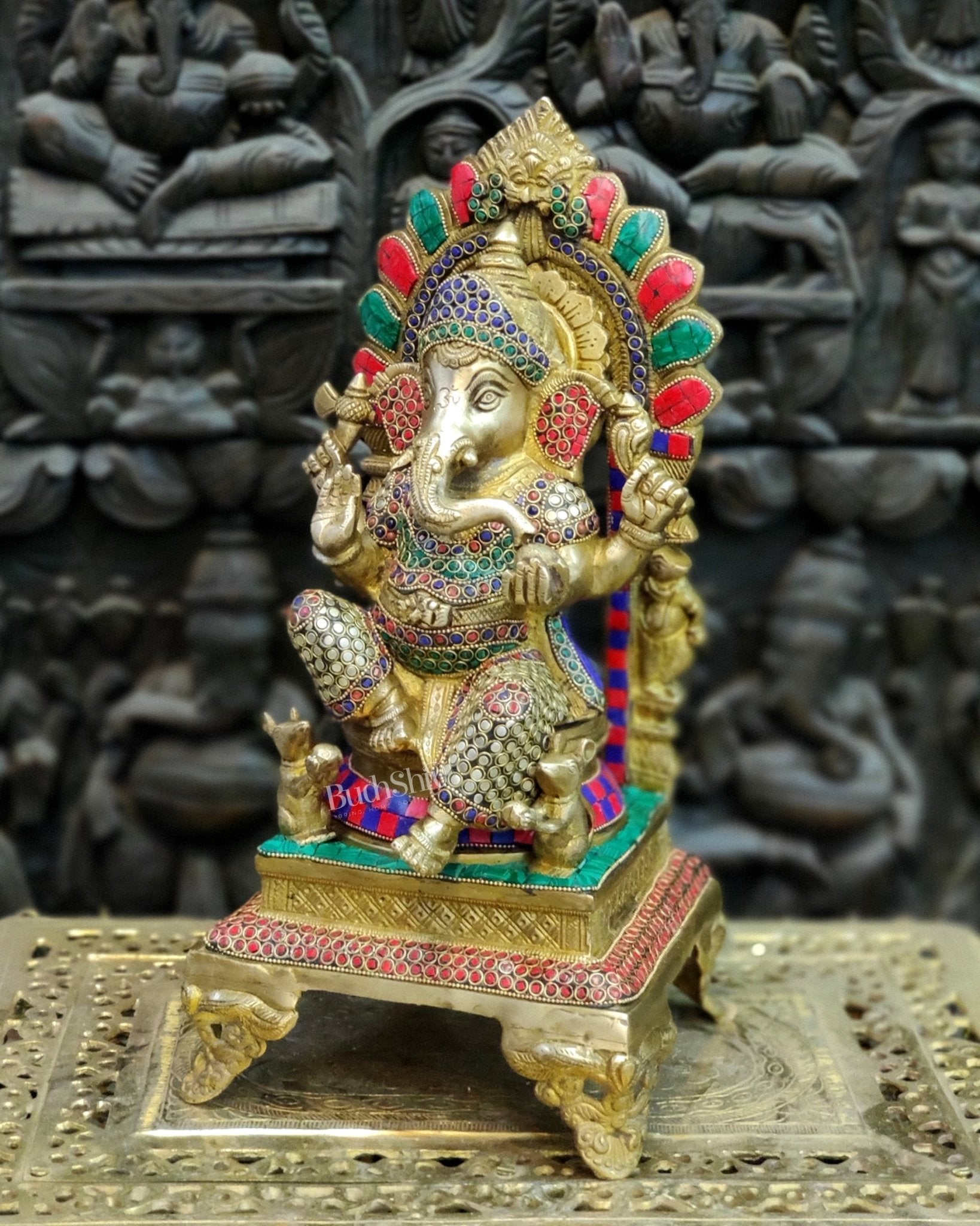 Finely Carved Ganapati on Big Throne with Mooshaks - 17" Height - Budhshiv.com