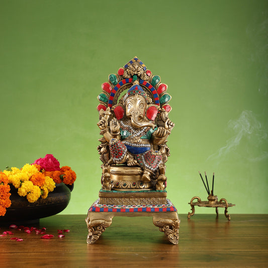 Finely Carved Ganapati Statue on Throne - 17 inch with stonework - Budhshiv.com