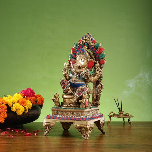 Finely Carved Ganapati Statue on Throne - 17 inch with stonework - Budhshiv.com