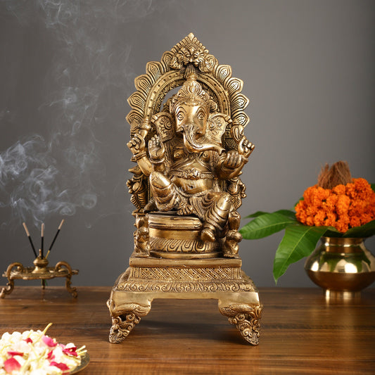 Finely Carved Ganapati Statue on Throne - 17 inch - Budhshiv.com