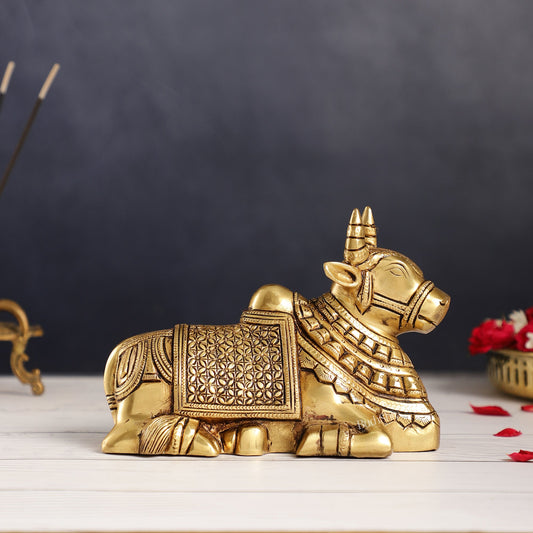 Finely Crafted Brass Nandi Bull Idol | 7 inch - Budhshiv.com