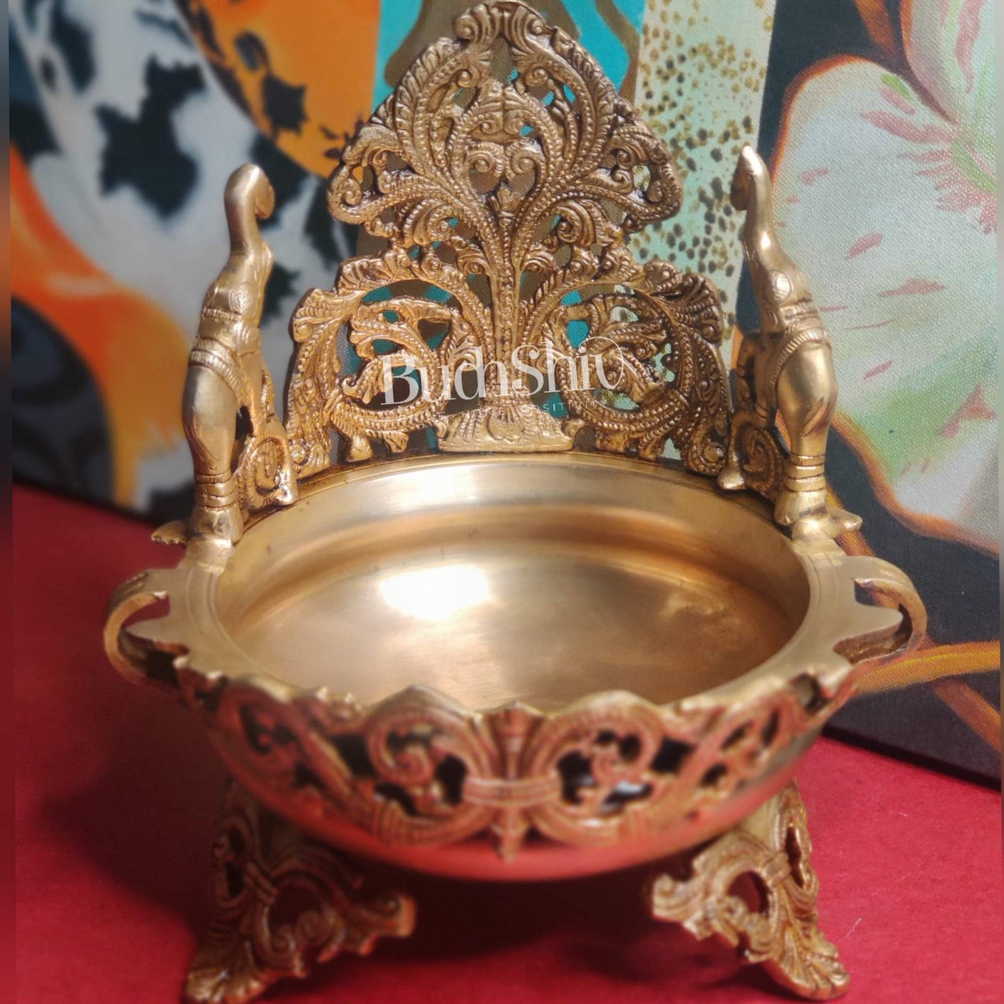 Floral design Brass Urli with dancing elephants - Budhshiv.com