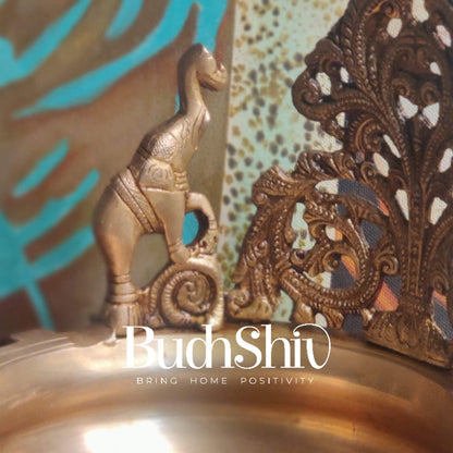 Floral design Brass Urli with dancing elephants - Budhshiv.com