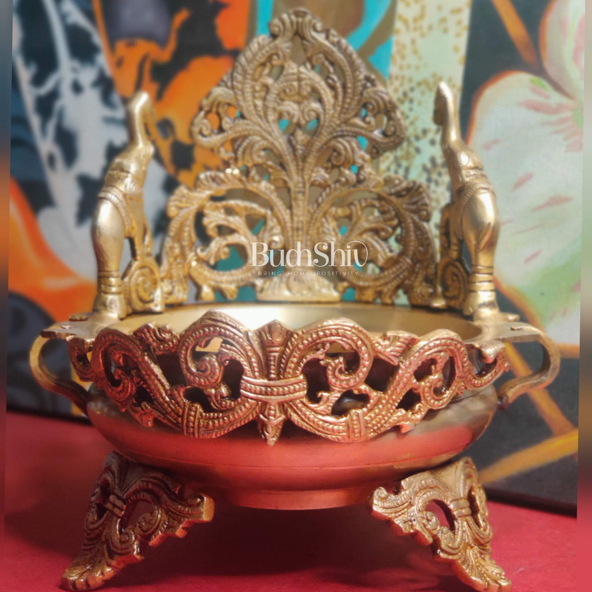 Floral design Brass Urli with dancing elephants - Budhshiv.com