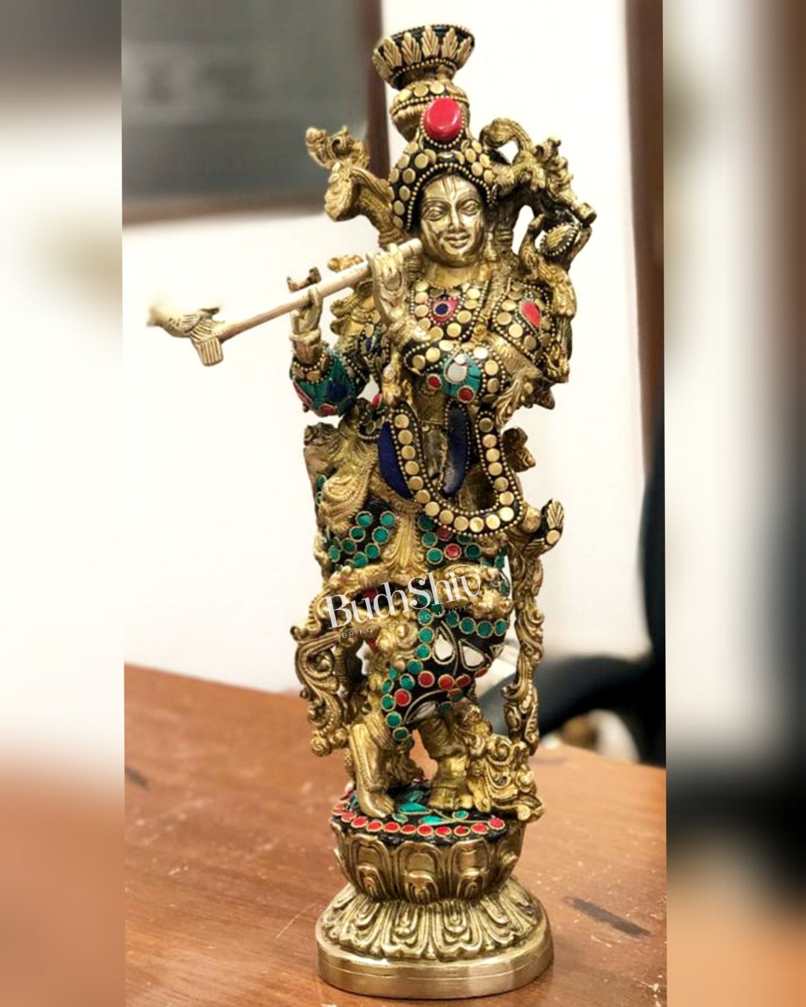 Fully Decorated Brass Krishna Statue | Meenakari Stonework with Natural Stones | 14" Height - Budhshiv.com