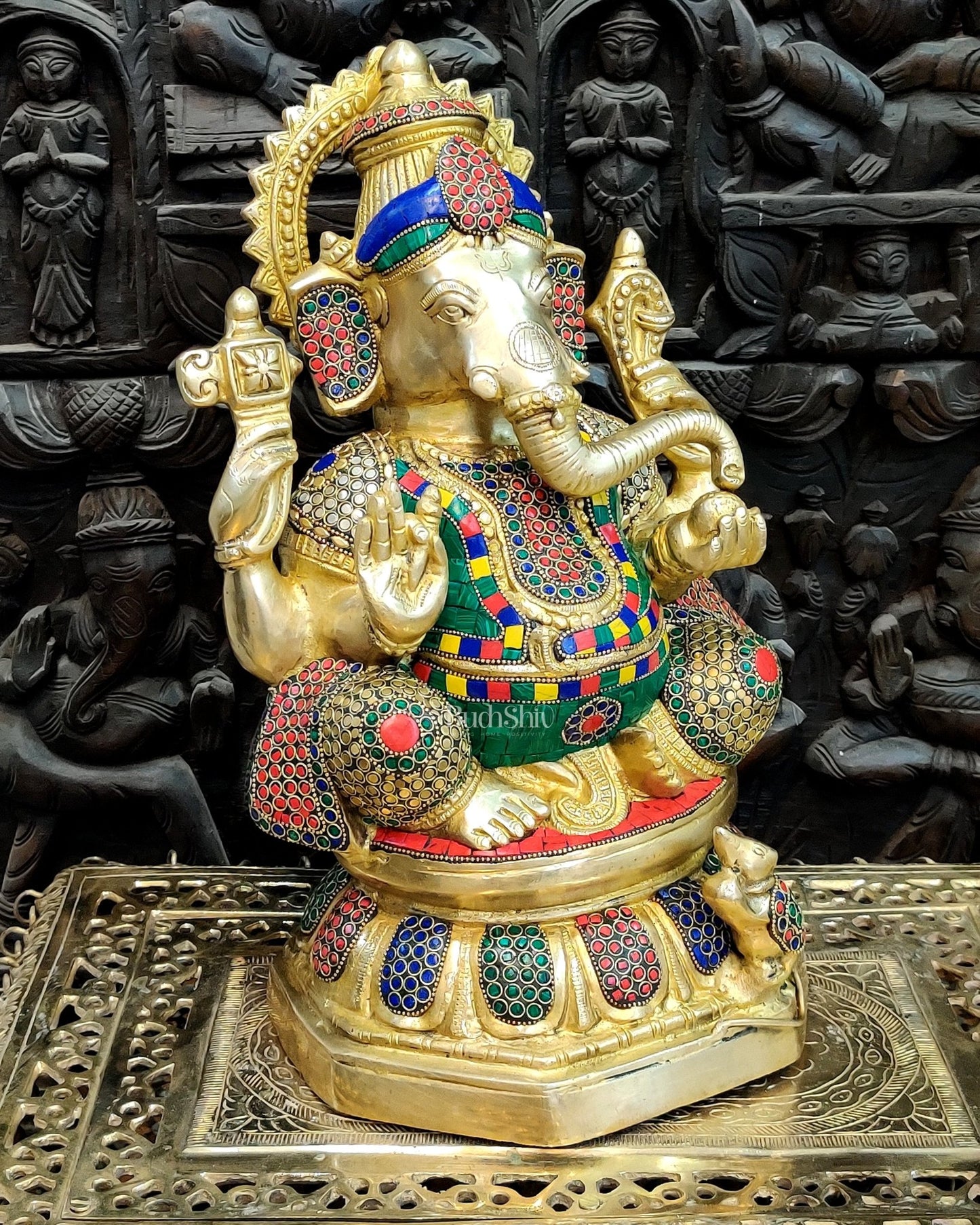 Ganapathi Brass Statue with stonework 15" - Budhshiv.com