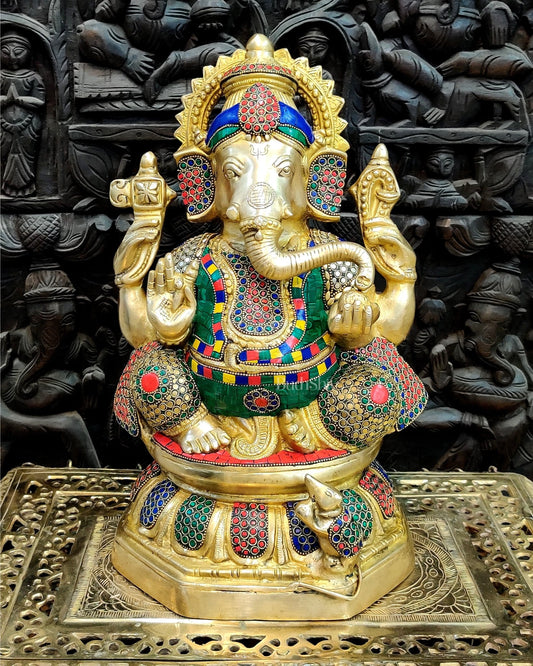 Ganapathi Brass Statue with stonework 15" - Budhshiv.com