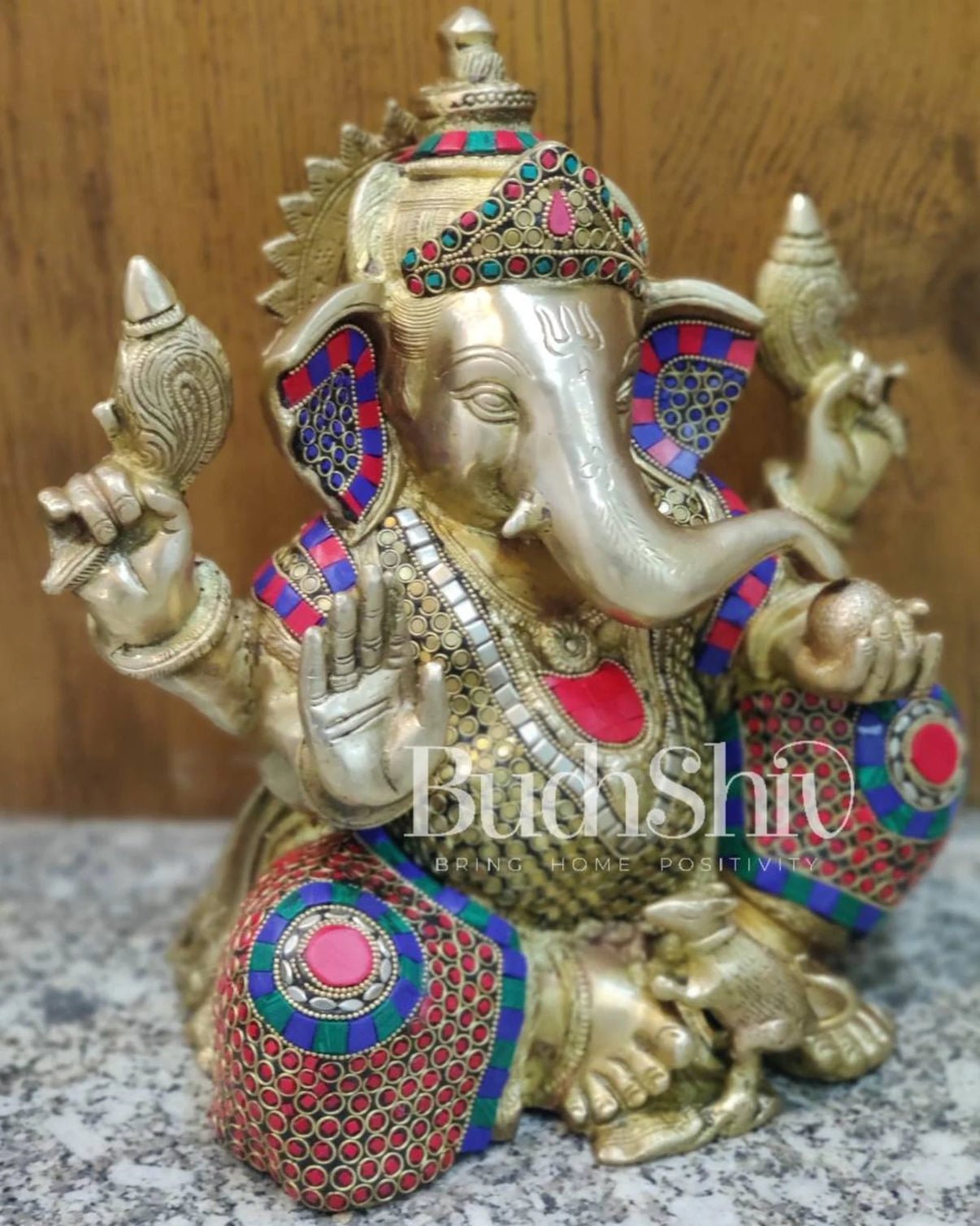 Ganapati Aashirwad Idol with Extraordinary with Natural Stones Handwork 13" - Budhshiv.com