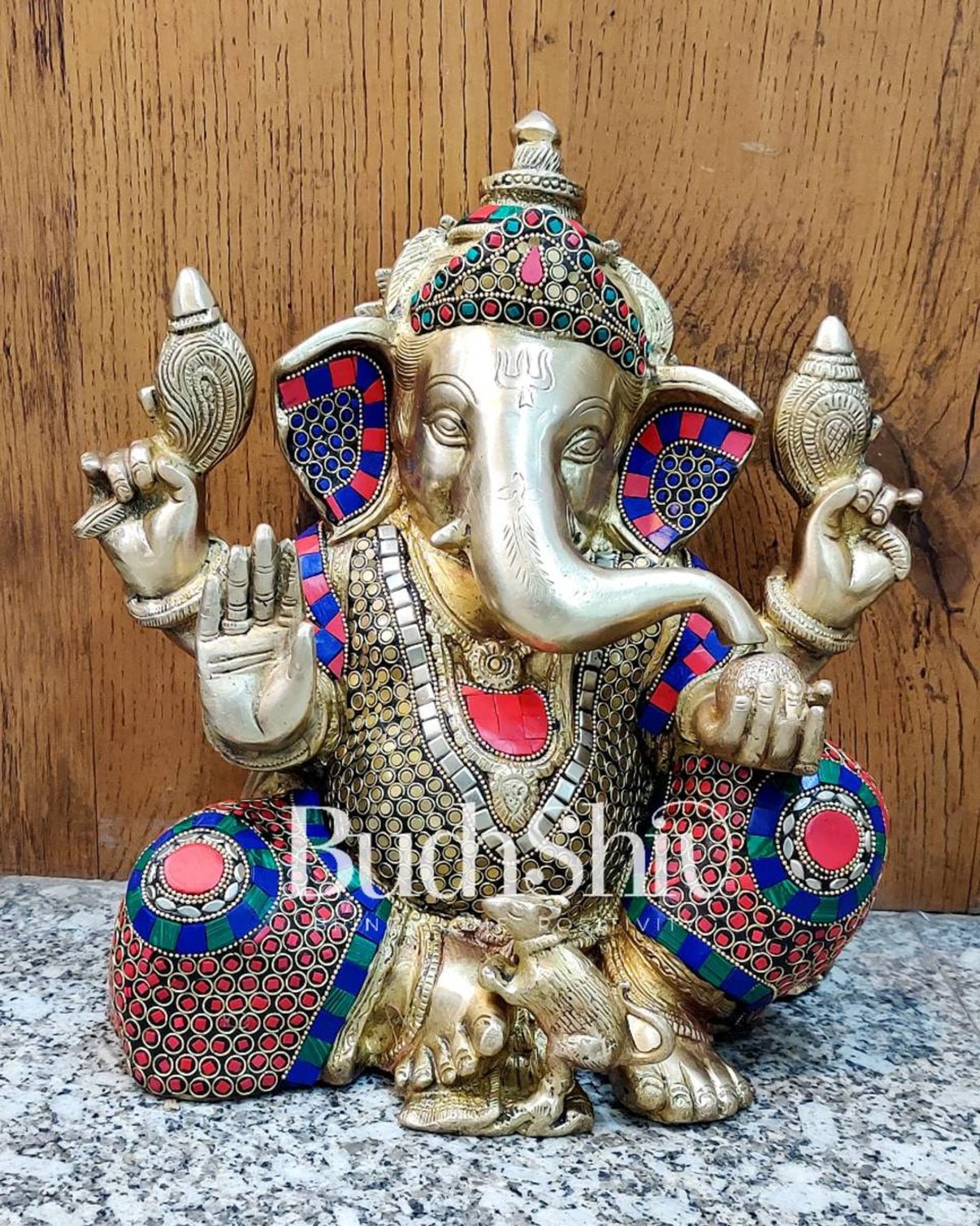 Ganapati Aashirwad Idol with Extraordinary with Natural Stones Handwork 13" - Budhshiv.com