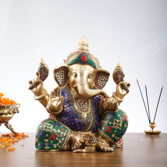 Ganapati Aashirwad Idol with Handwork 13" - Budhshiv.com
