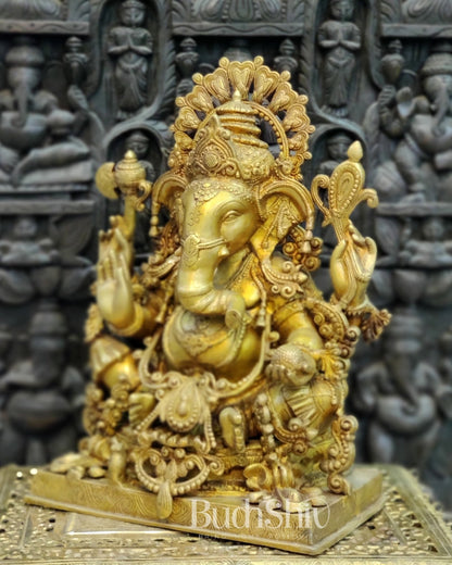 Ganapati Brass Idol ornated with Jewelry 21 inches Ganapati Sculpture made of superfine Brass - Budhshiv.com