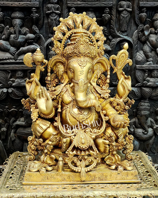 Ganapati Brass Idol ornated with Jewelry 21 inches Ganapati Sculpture made of superfine Brass - Budhshiv.com