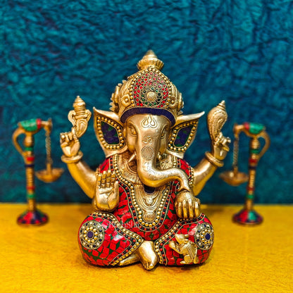 Ganapati Brass Idol with Mosaic Stonework - 12" Height - Budhshiv.com