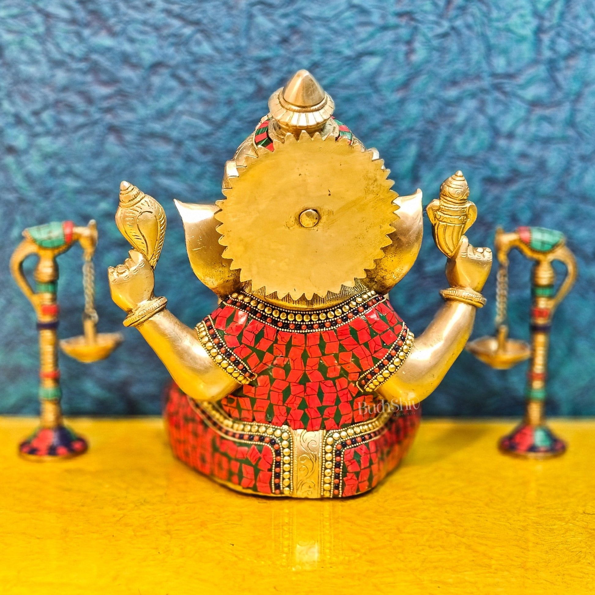 Ganapati Brass Idol with Mosaic Stonework - 12" Height - Budhshiv.com