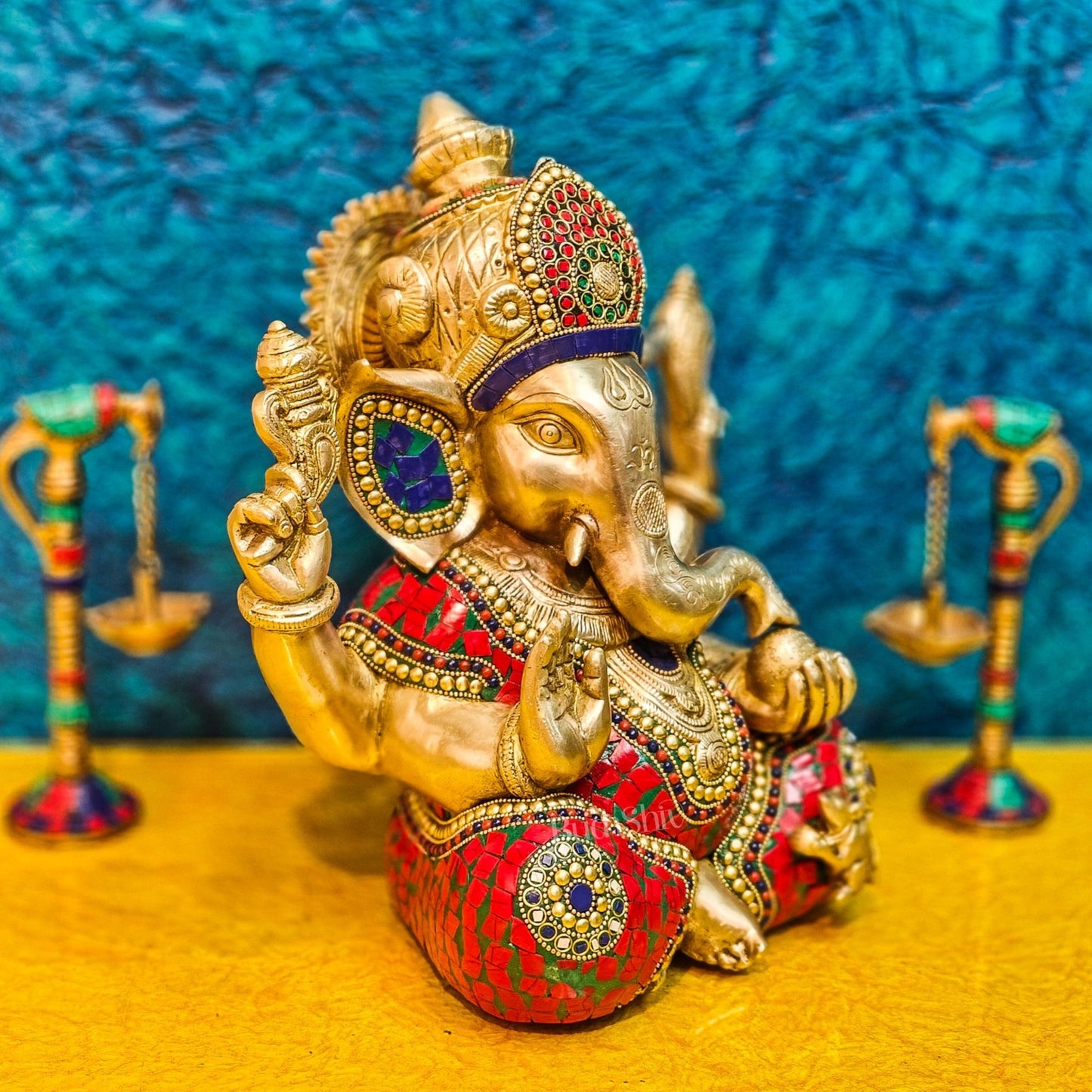 Ganapati Brass Idol with Mosaic Stonework - 12" Height - Budhshiv.com