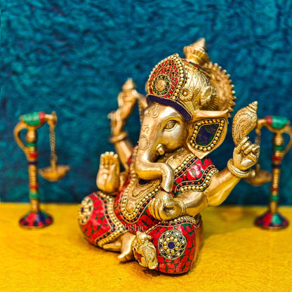 Ganapati Brass Idol with Mosaic Stonework - 12" Height - Budhshiv.com