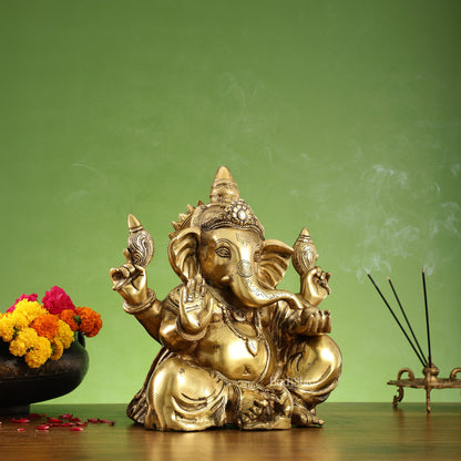 Ganapati Brass statue Idol fine gold 13" Height - Budhshiv.com