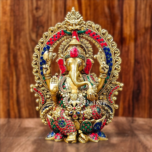 Ganapati Brass statue with Stonework 15 inch - Budhshiv.com