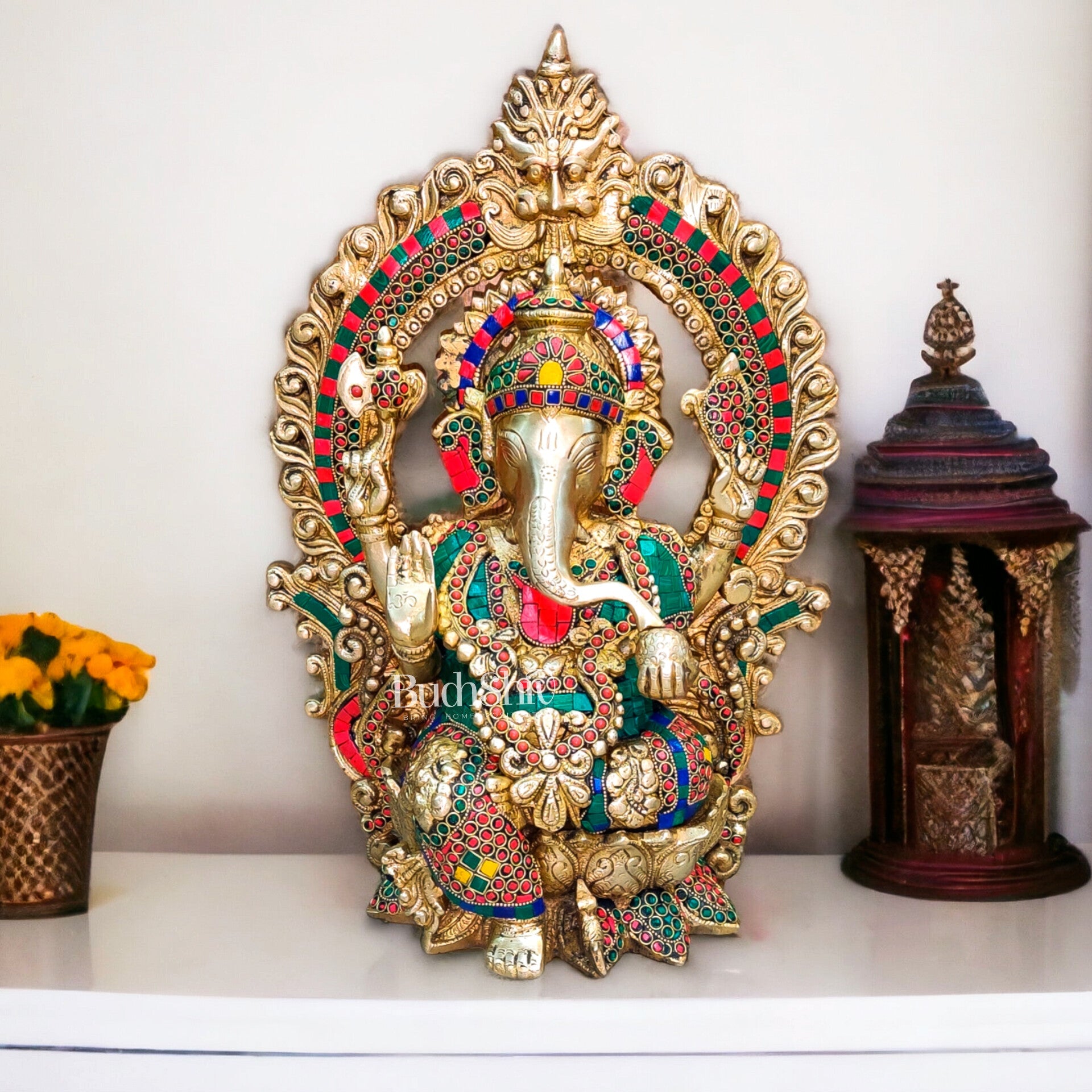 Ganapati Brass statue with Stonework 15 inch - Budhshiv.com