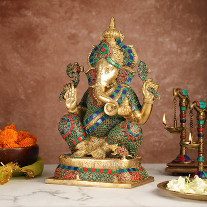 Ganesh Brass idol seated on a beautiful base 16 inch - Budhshiv.com