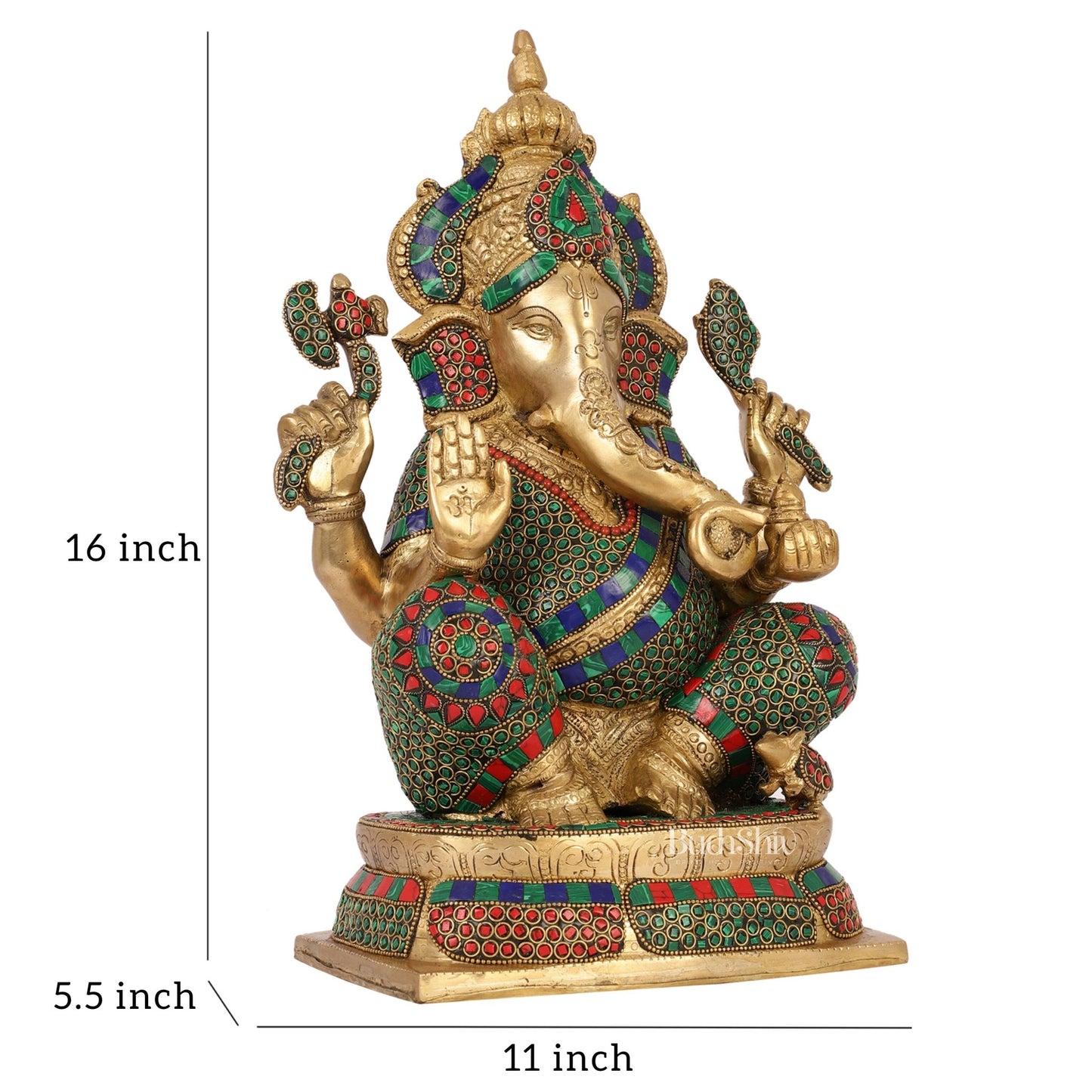 Ganesh Brass idol seated on a beautiful base 16 inch - Budhshiv.com