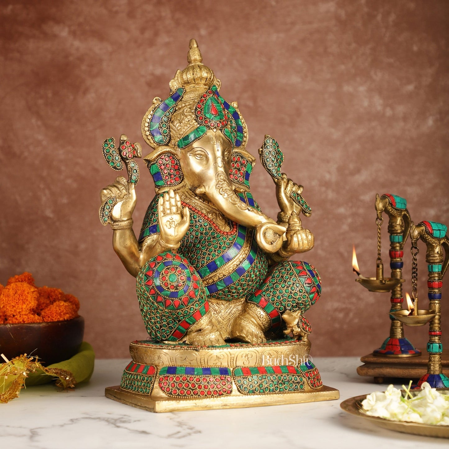 Ganesh Brass idol seated on a beautiful base 16 inch - Budhshiv.com